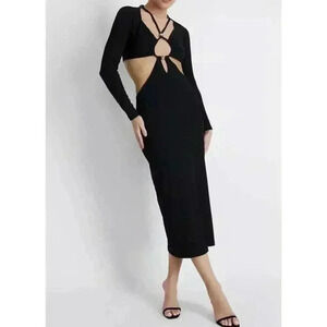 PATBO Cutout Stretch Knit Midi Dress Black Small Long Sleeve Beaded Keyhole NWT